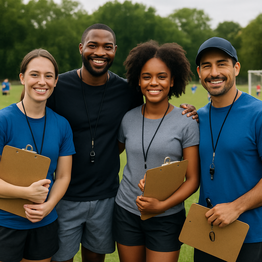Soccer coaches and officials gathered on the sidelines during a youth match