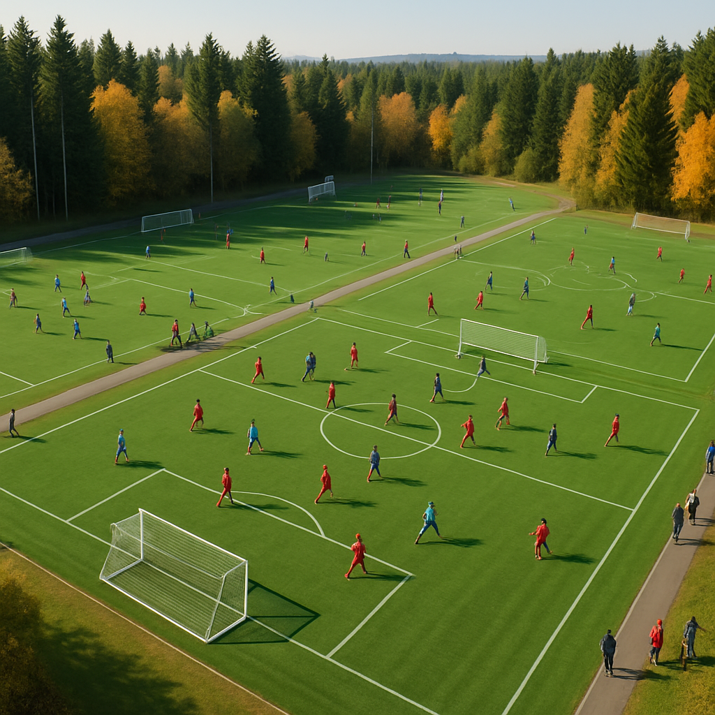Multiple soccer matches being played at once on different fields at a sports complex