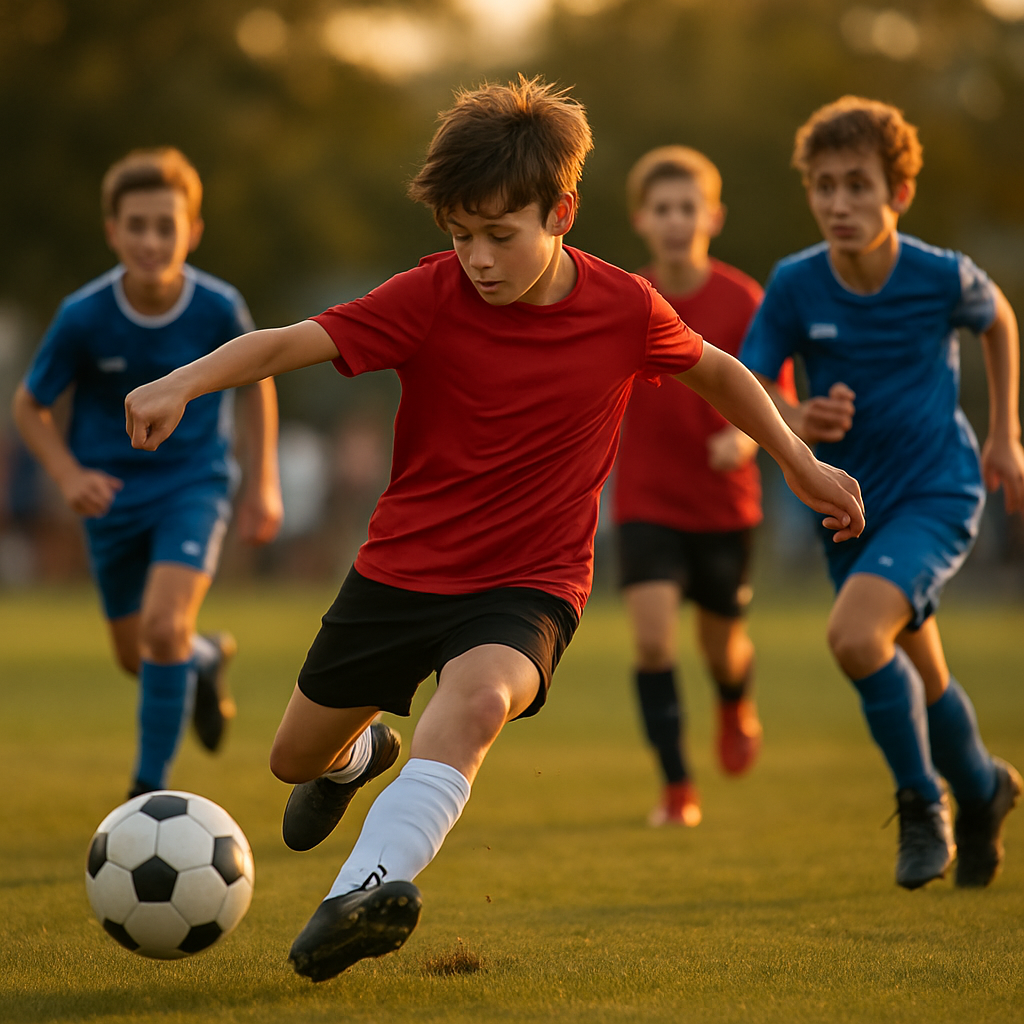 A youth player kicking a soccer ball during a competitive game