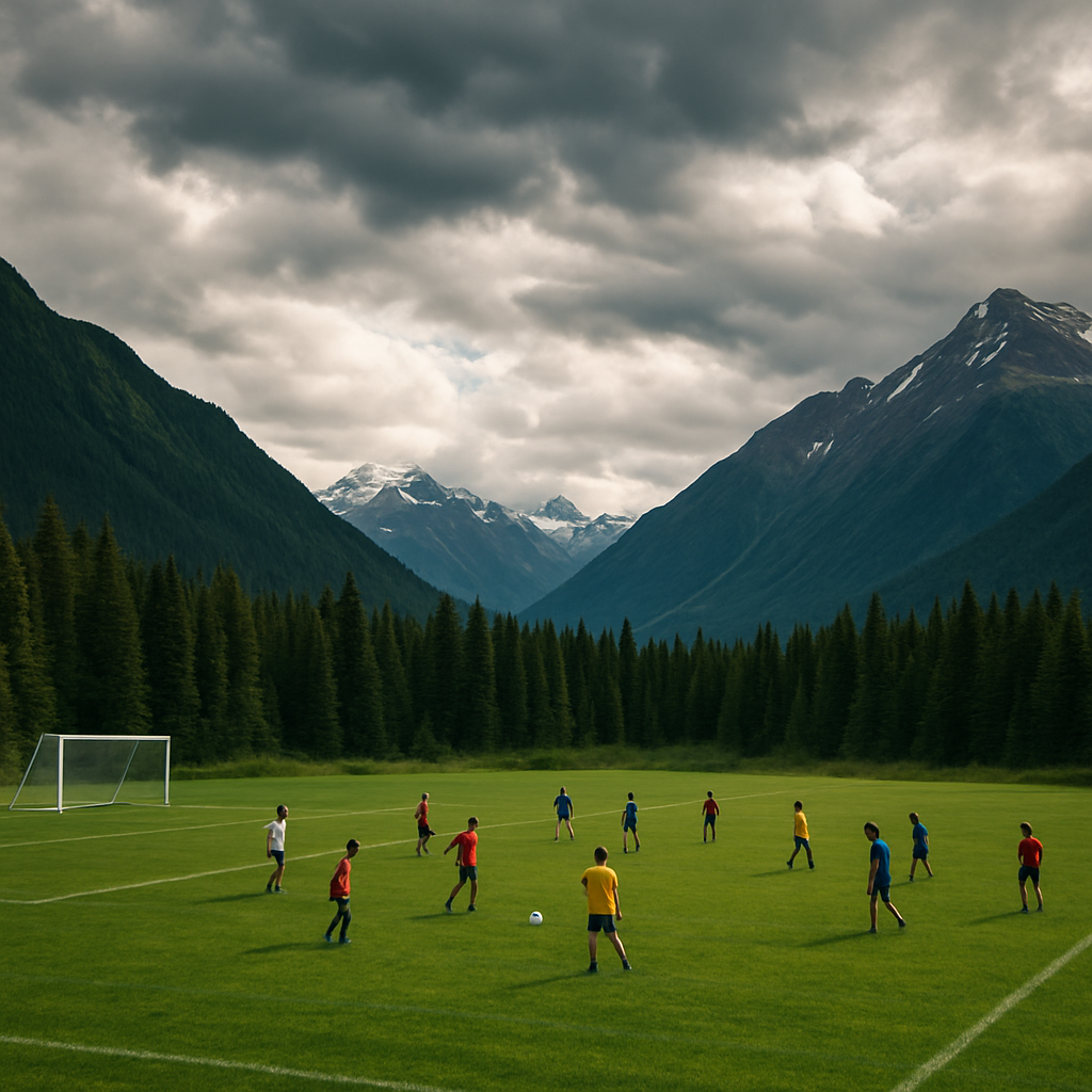 A youth soccer practice session on a field surrounded by Alaskan wilderness and mountains