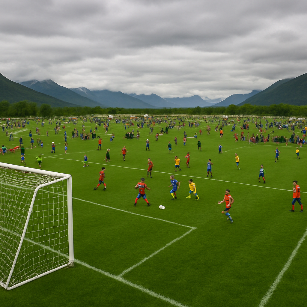 Overhead view of a youth soccer tournament with multiple games happening simultaneously