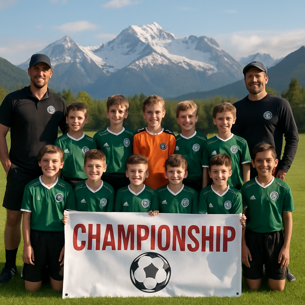 Youth soccer team posing with coaches and championship banner