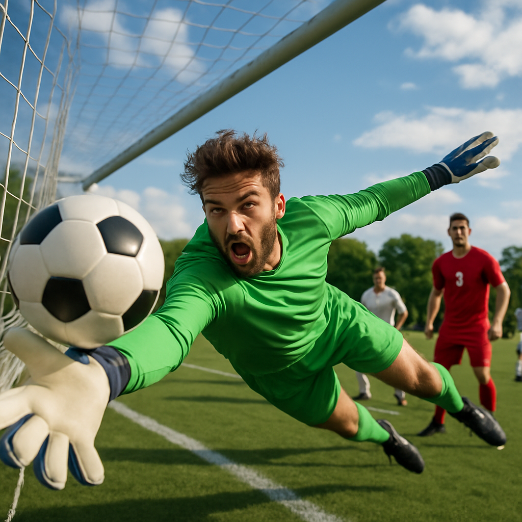 Goalkeeper diving to make an impressive save during a youth soccer match