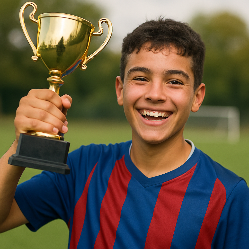Young soccer player proudly holding a championship trophy