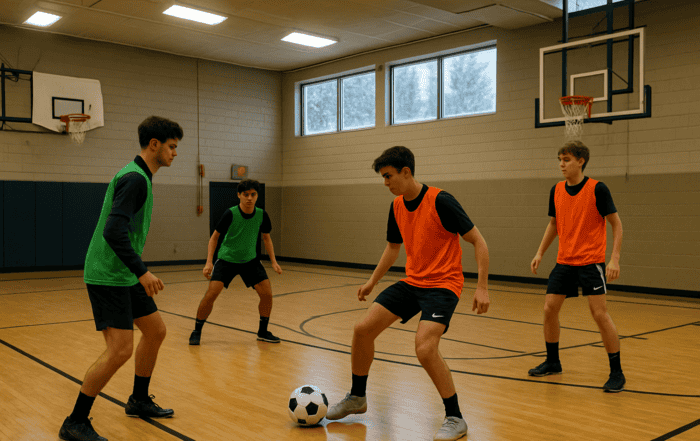 Alaska high school soccer players training indoors in a gymnasium during winter with snow outside
