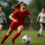 Female soccer player in action, driving the ball downfield during a competitive match