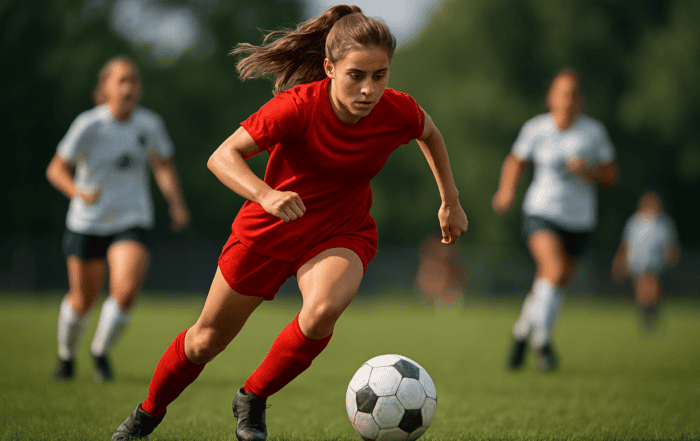 Female soccer player in action, driving the ball downfield during a competitive match