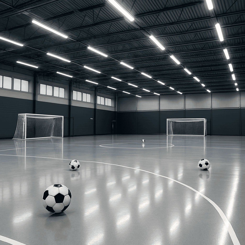 Interior of a modern indoor soccer training facility with professional setup