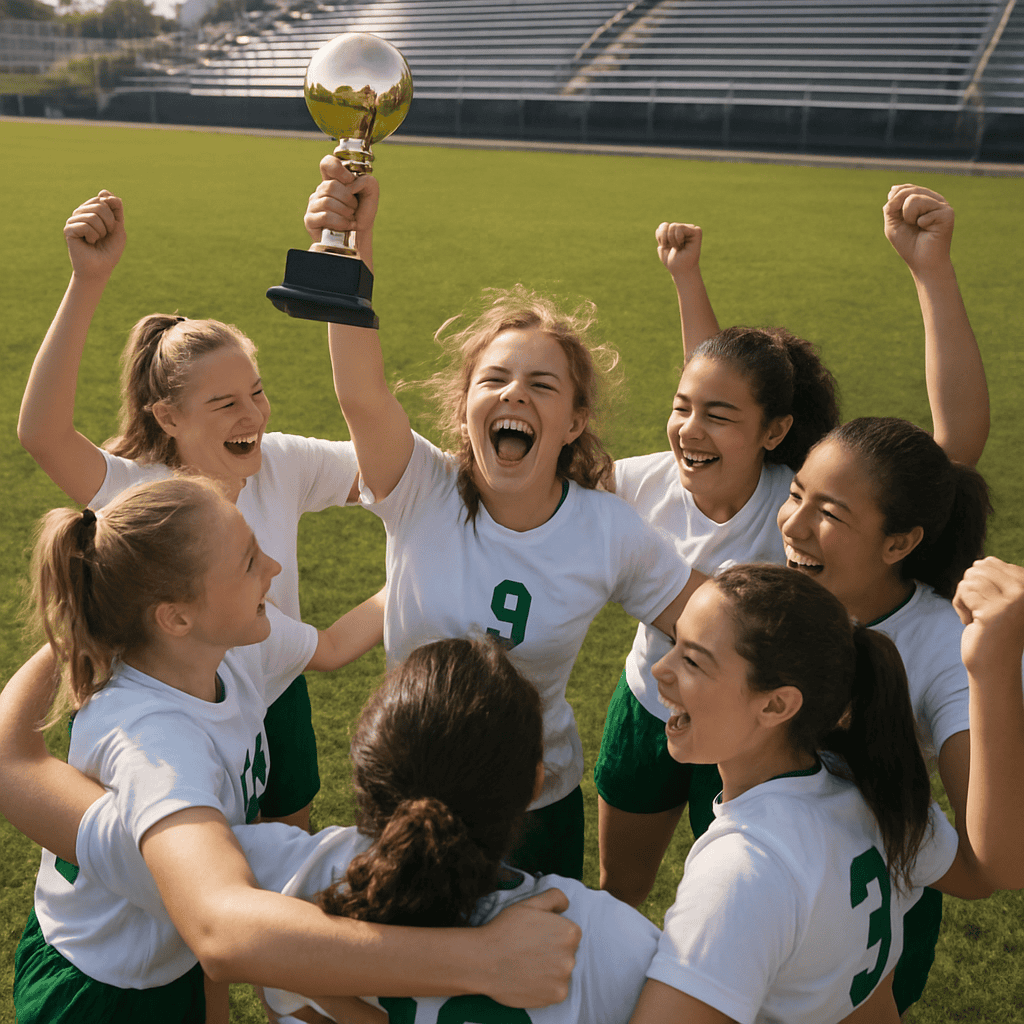 Girls soccer team celebrating together in a huddle after a championship win