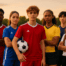 Young soccer players in team uniforms posing on a soccer field