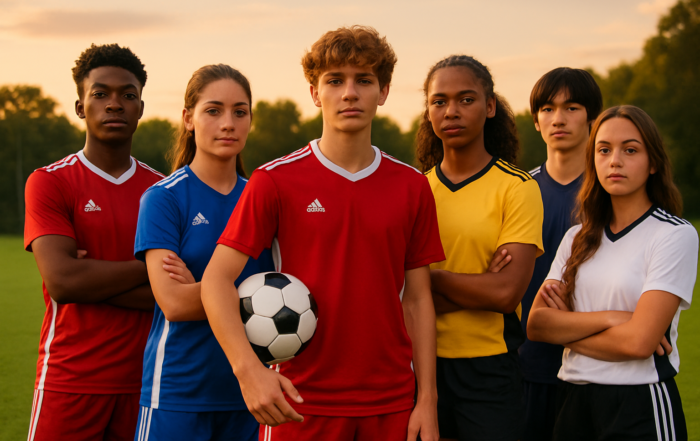 Young soccer players in team uniforms posing on a soccer field