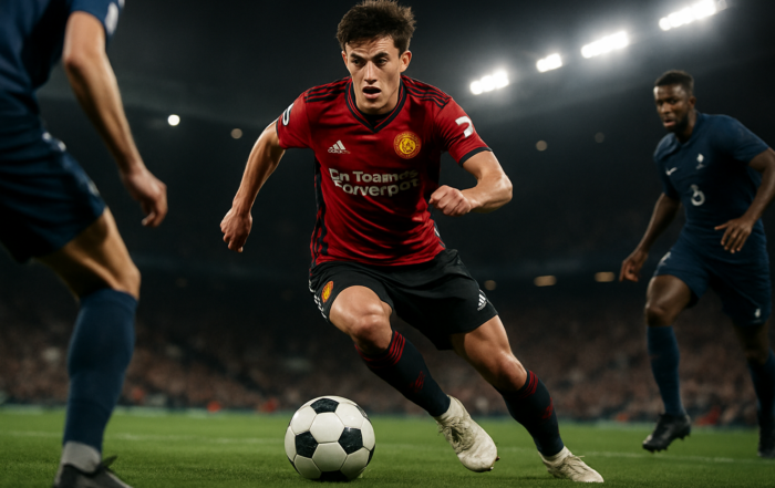 Young soccer player making an athletic move during a professional match