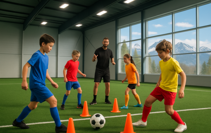 Youth soccer players training on an indoor field with a coach instructing during a passing drill