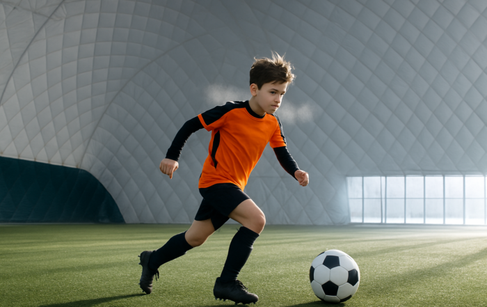 Soccer player dribbling ball inside a large indoor dome facility with curved ceiling