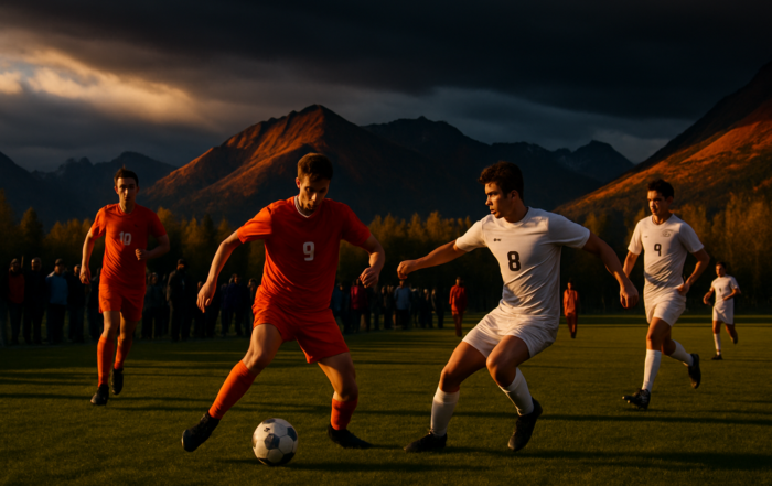 High school soccer players competing on an Alaskan field at dusk with spectators watching from the sidelines