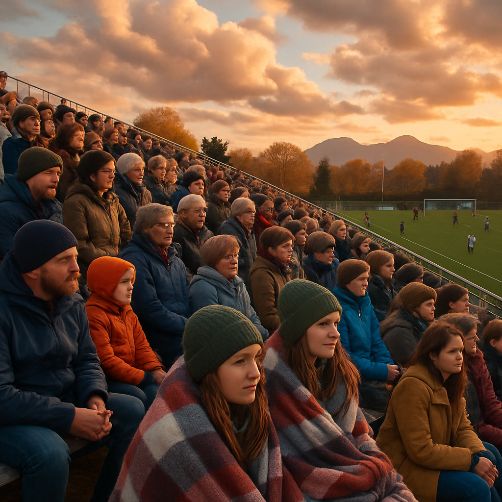 Crowd of bundled spectators watching a high school soccer game from bleachers in Alaska