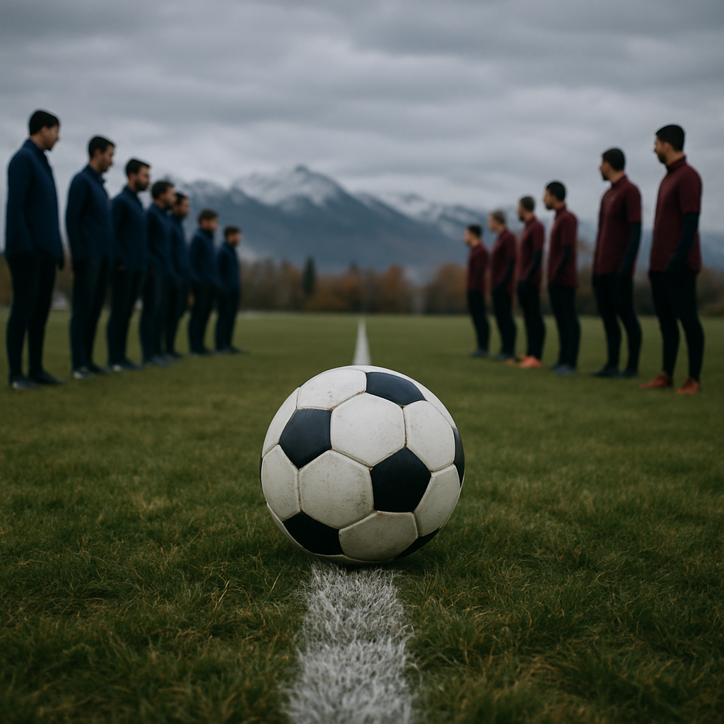 Soccer ball on midfield line with opposing team lineups visible in background during autumn conditions