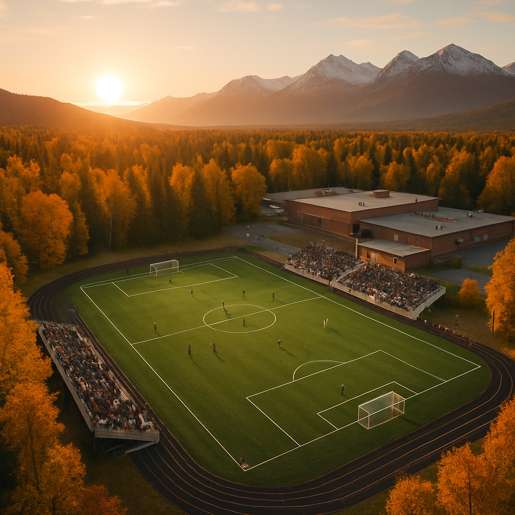 Overhead view of a high school soccer field surrounded by Alaskan landscape and autumn scenery