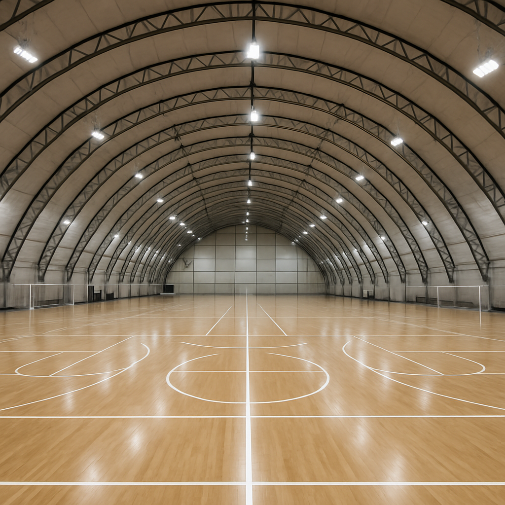 Interior of a large domed sports facility with multiple soccer fields and modern lighting