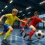 Young soccer players competing indoors under bright lights with ball in play