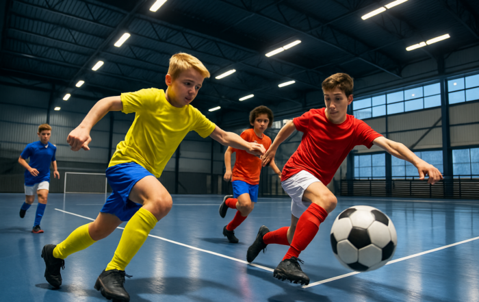 Young soccer players competing indoors under bright lights with ball in play