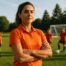 Female soccer coach leading a youth training session on a grass field