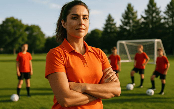 Female soccer coach leading a youth training session on a grass field
