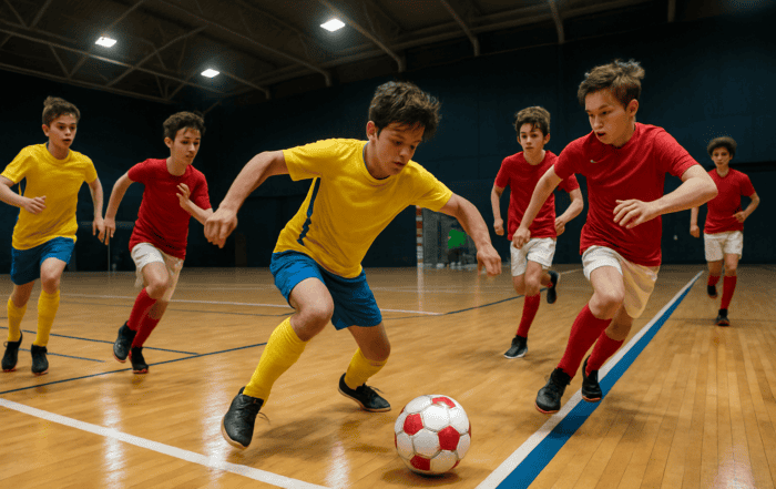 Young futsal players in action on an indoor court during a competitive match
