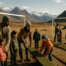 Parents and children constructing a youth soccer field together in an Alaskan community setting with mountains in the distance