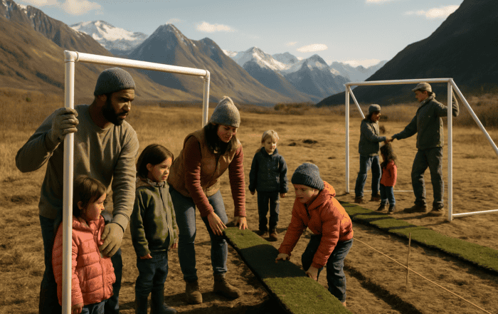Parents and children constructing a youth soccer field together in an Alaskan community setting with mountains in the distance