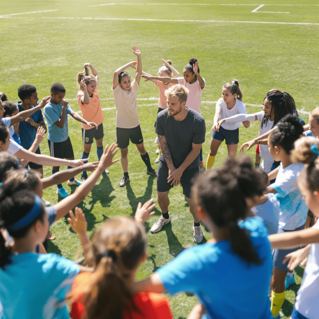 Youth soccer players participating in a group warm-up and stretching routine led by a coach