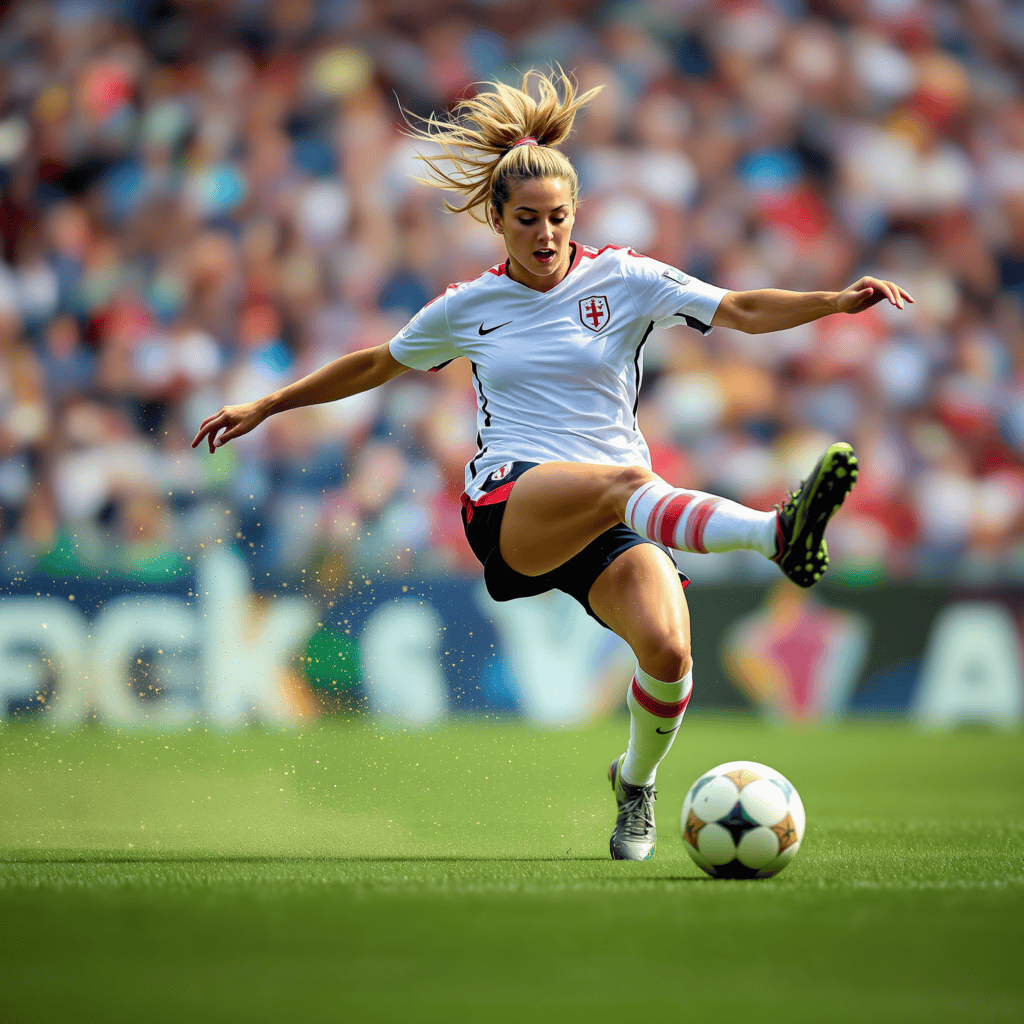 Female soccer player performing a powerful kick during competitive play