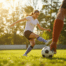 Female youth soccer player performing a cutting movement during training on a grass field