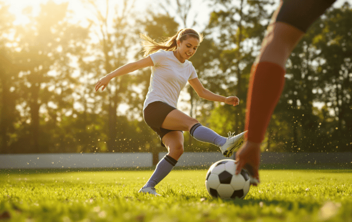 Female youth soccer player performing a cutting movement during training on a grass field