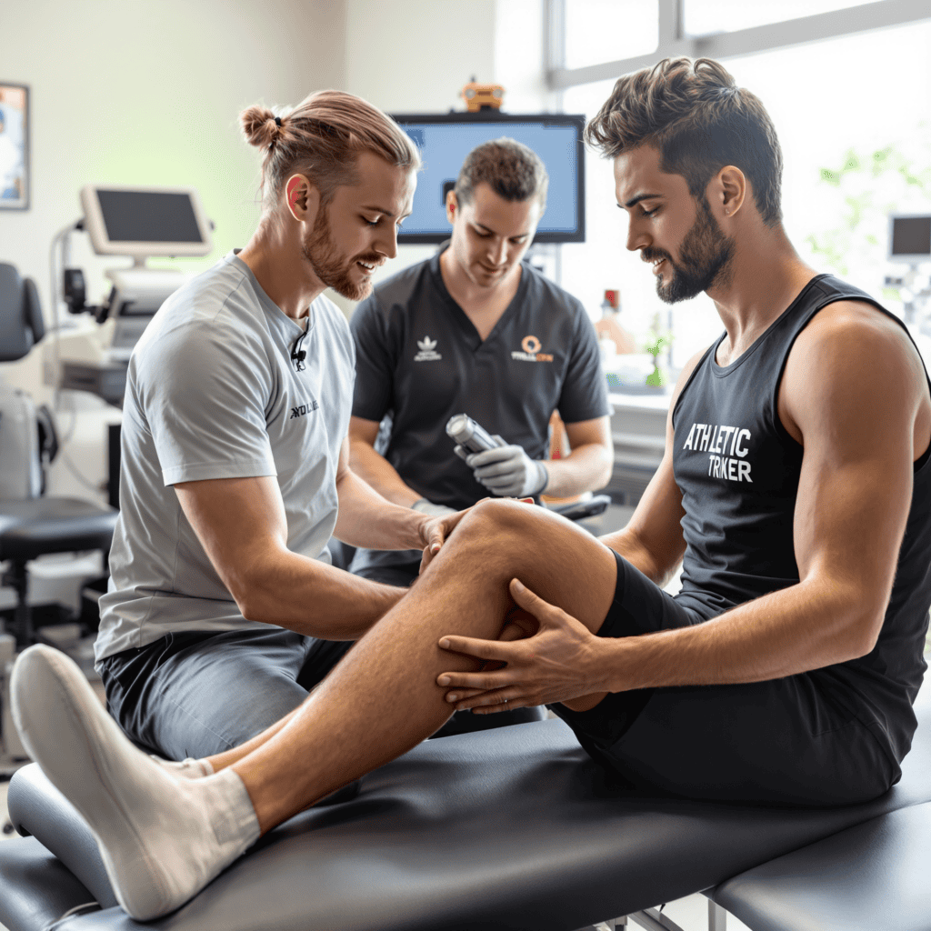 Athletic trainer examining a young athlete's knee in a clinical setting