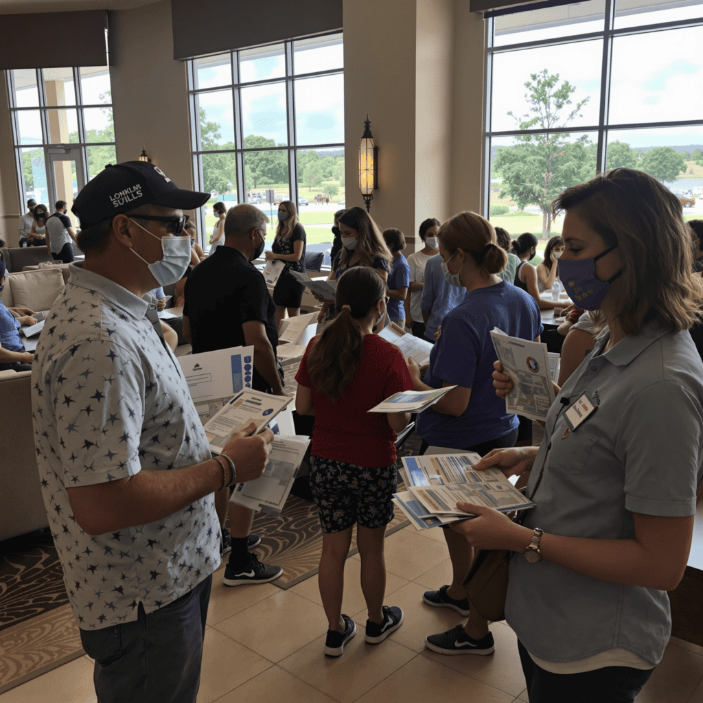 Tournament families meeting in a hotel lobby reviewing schedules