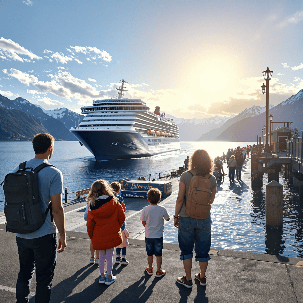 Family waiting at an Alaskan ferry terminal with a large passenger boat at dock
