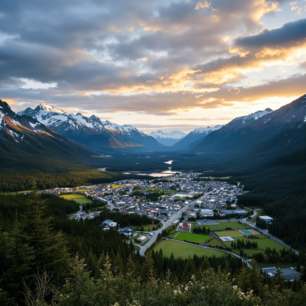 Panoramic view of a small Alaskan town surrounded by mountains and forest