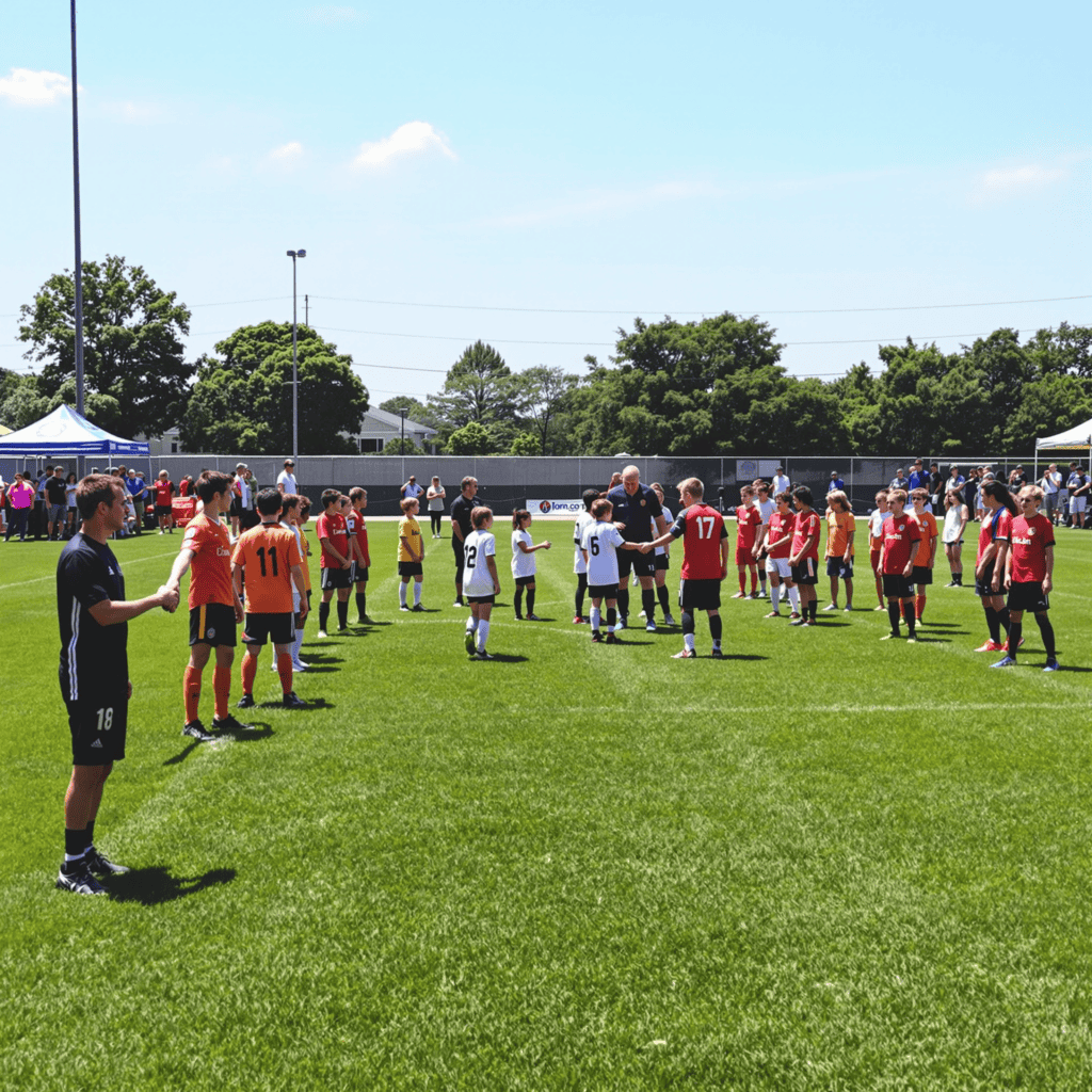 Youth soccer teams in a pre-match handshake line on the field