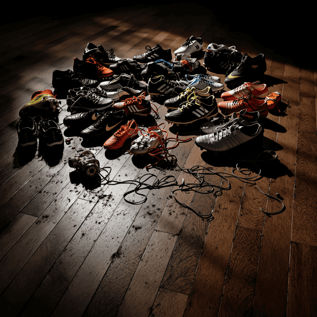 Various soccer cleats and protective gear arranged on a wooden surface