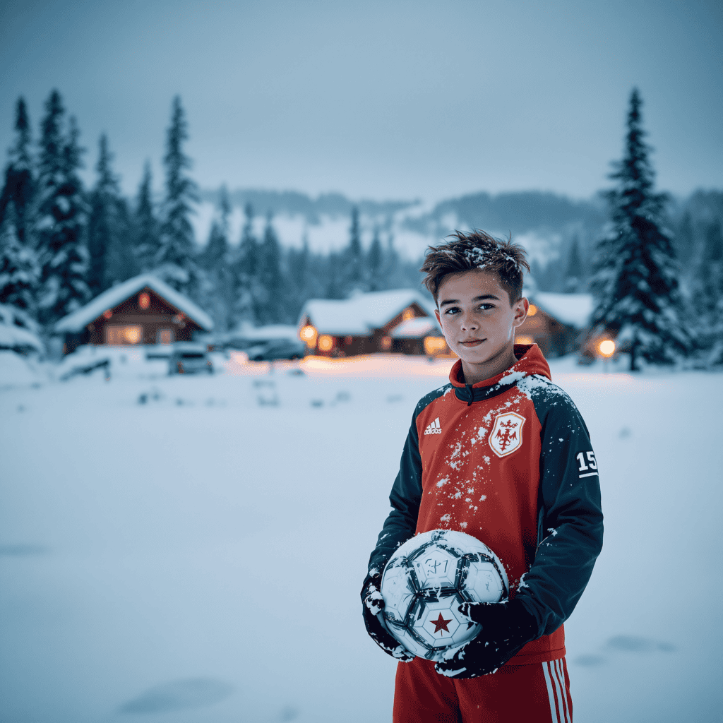 Youth soccer player in uniform holding a ball during snowfall in a remote Alaskan village