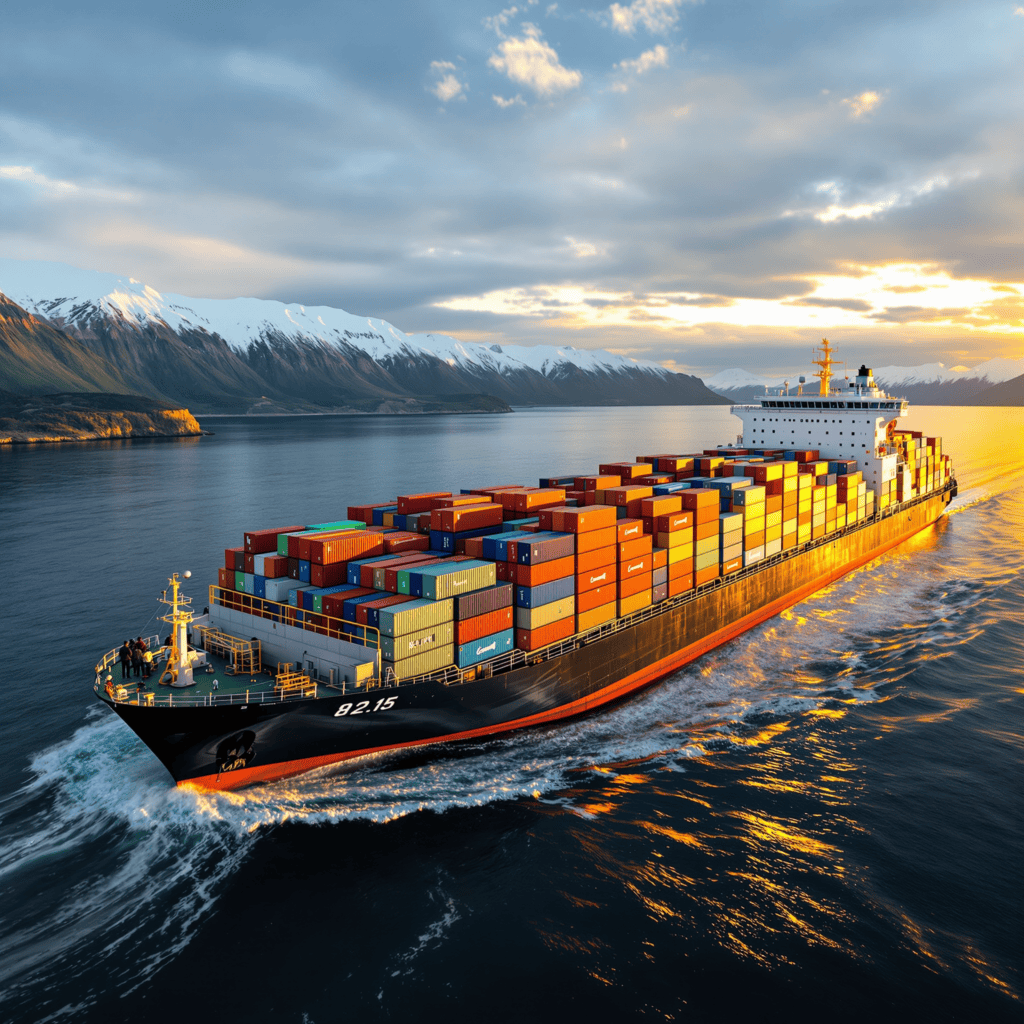Cargo barge transporting containers through Alaskan coastal waters near mountains