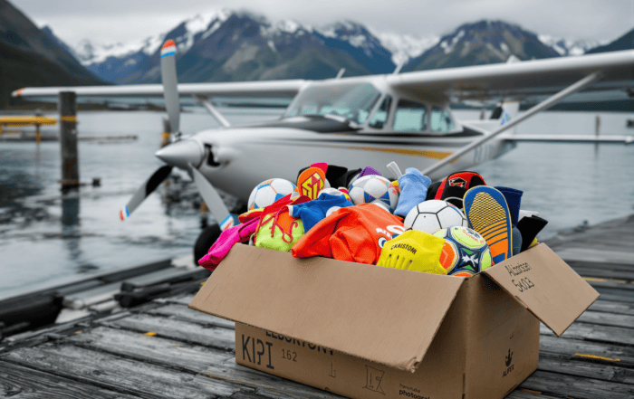 Soccer equipment in a shipping box on an Alaskan dock next to a small seaplane