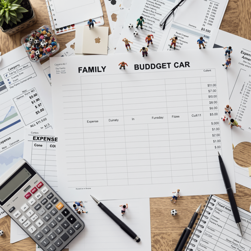 Family budget planning documents with sports expense calculations