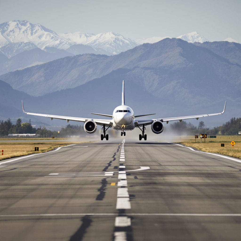 Commercial airplane taking off with mountainous terrain