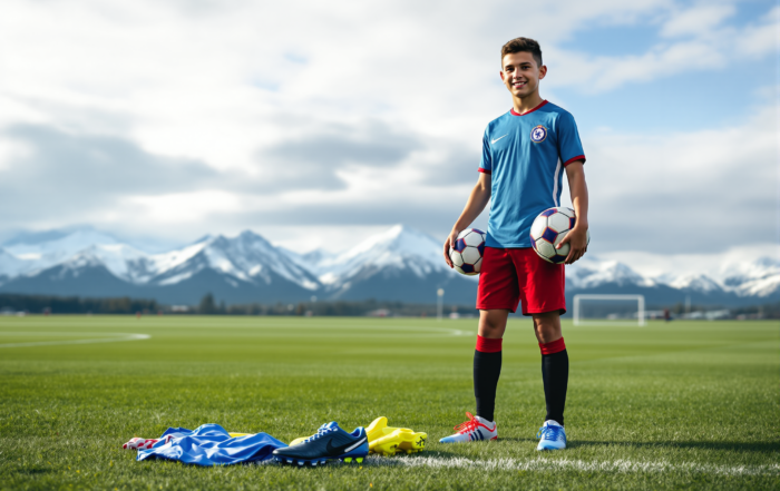 Youth soccer player in uniform on an Alaskan field with mountain backdrop