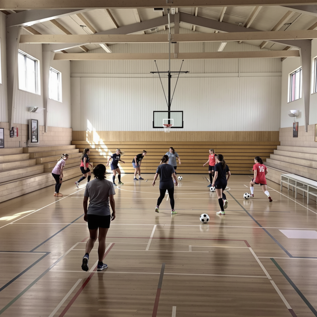 Girls' soccer team practicing ball-control drills inside a small school gymnasium