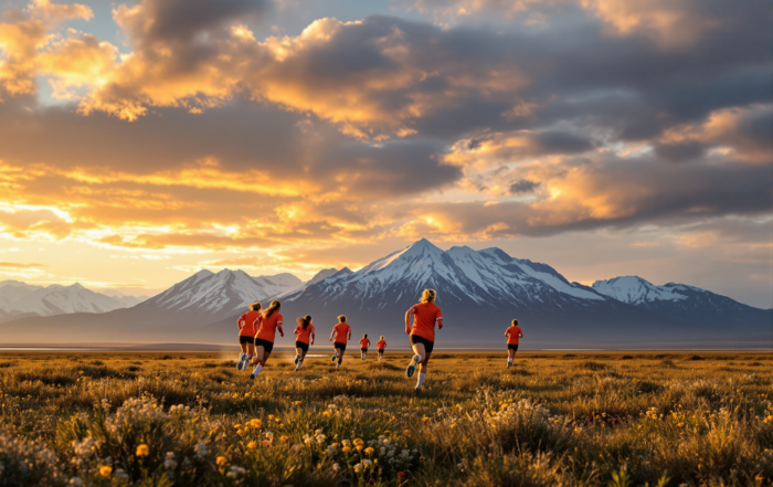 Young female soccer players training on a remote tundra field with mountains in the background