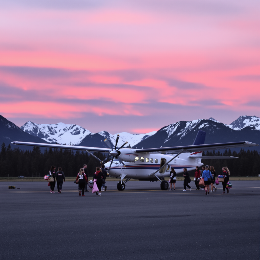 A small aircraft at a remote airstrip with a girls' soccer team preparing to board for travel