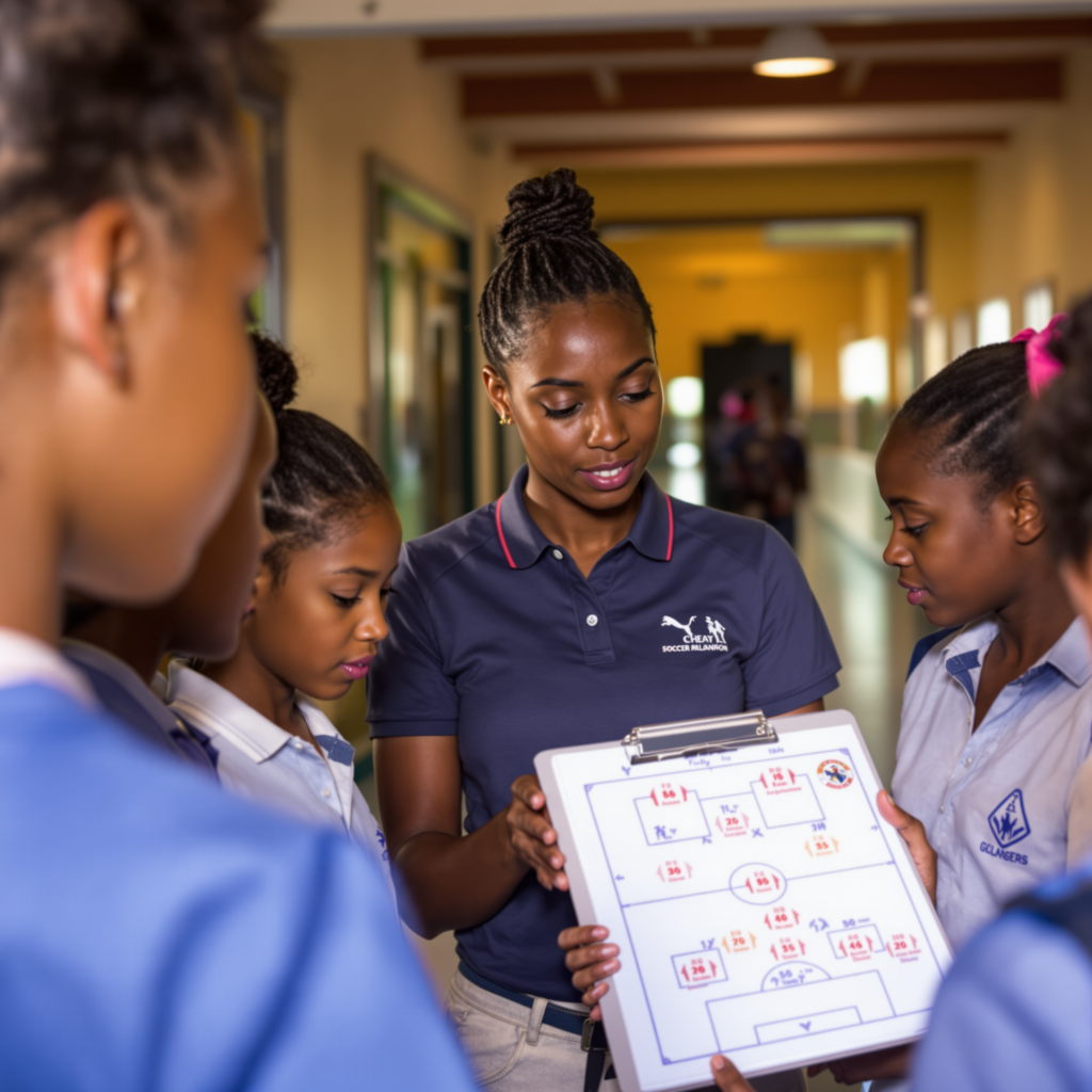 A coach instructing young female soccer players on strategy in an indoor school setting